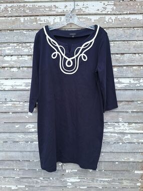 Talbots Navy Dress with White Rope Neck Embroidery Size Large